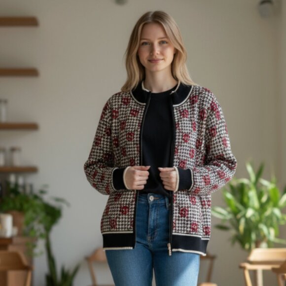 NWT Anne Klein Red Black Chain Detail Houndstooth Gingham Full Zip Cardigan 2X - Picture 1 of 8